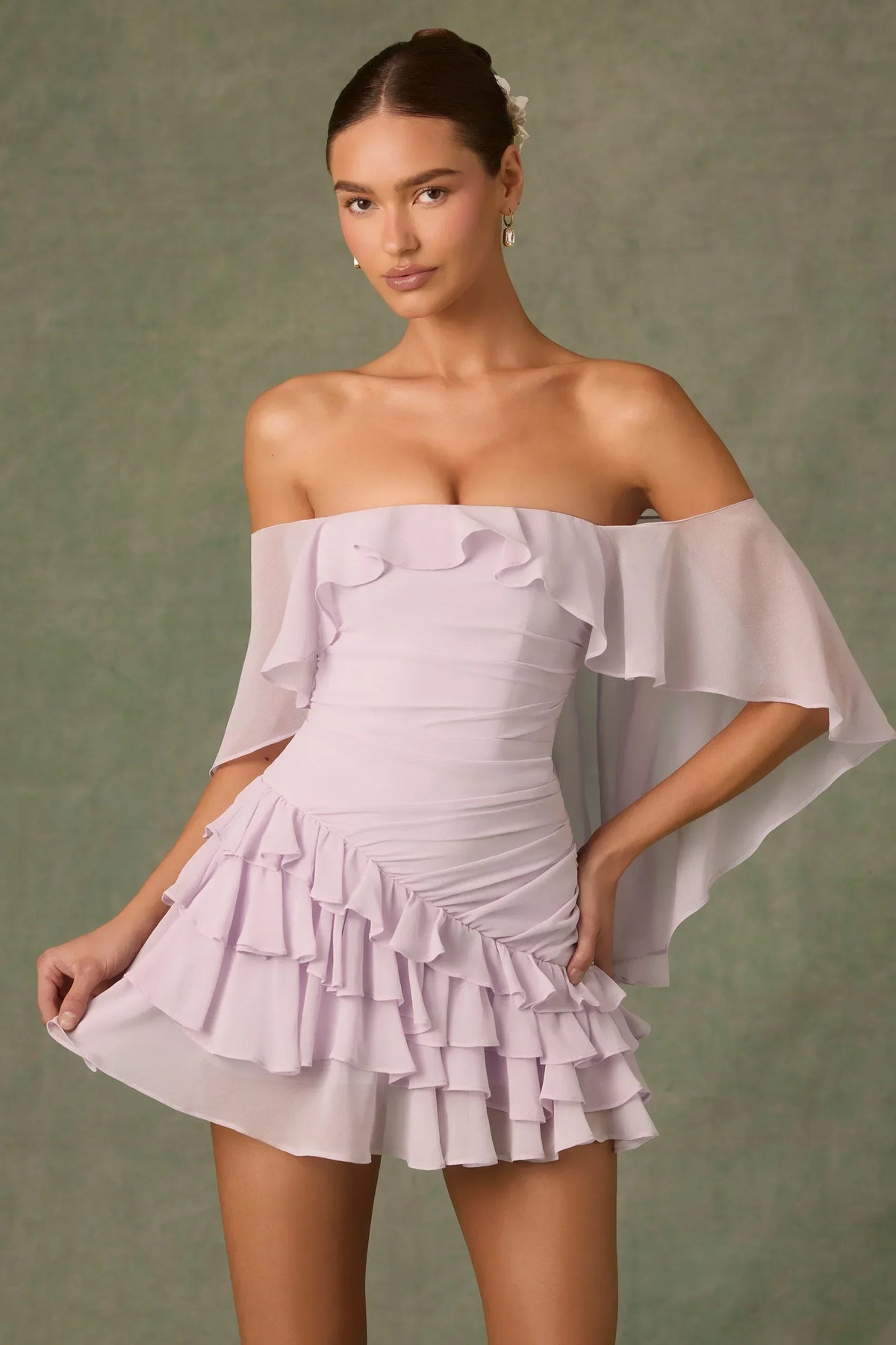 Off-Shoulder Ruffled Mini Dress In Lilac