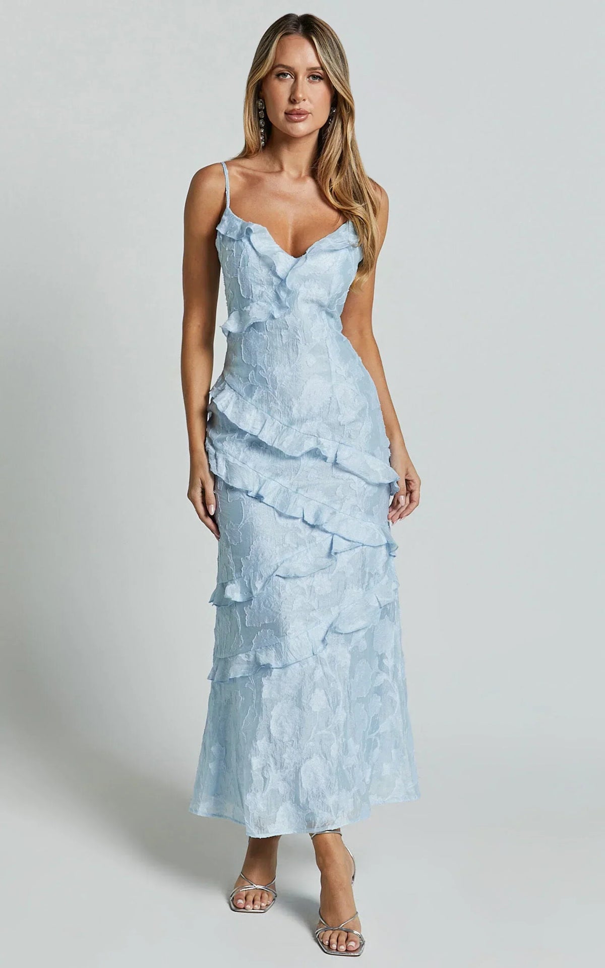 Michaela Midi Dress - Jacquard Ruffle Detail Tiered Dress In Light Blue
