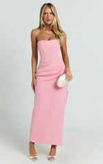 Avery Midi Dress - Strapless Draped Side Split Dress In Pink