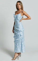 Michaela Midi Dress - Jacquard Ruffle Detail Tiered Dress In Light Blue