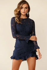 Tilly Lace Overlay Ruffle Trimmed Back Dress Navy